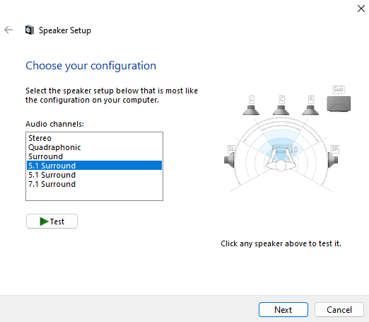 Windows 11 quadraphonic or surround setup