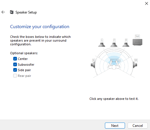 Windows 11 speaker setup select channels