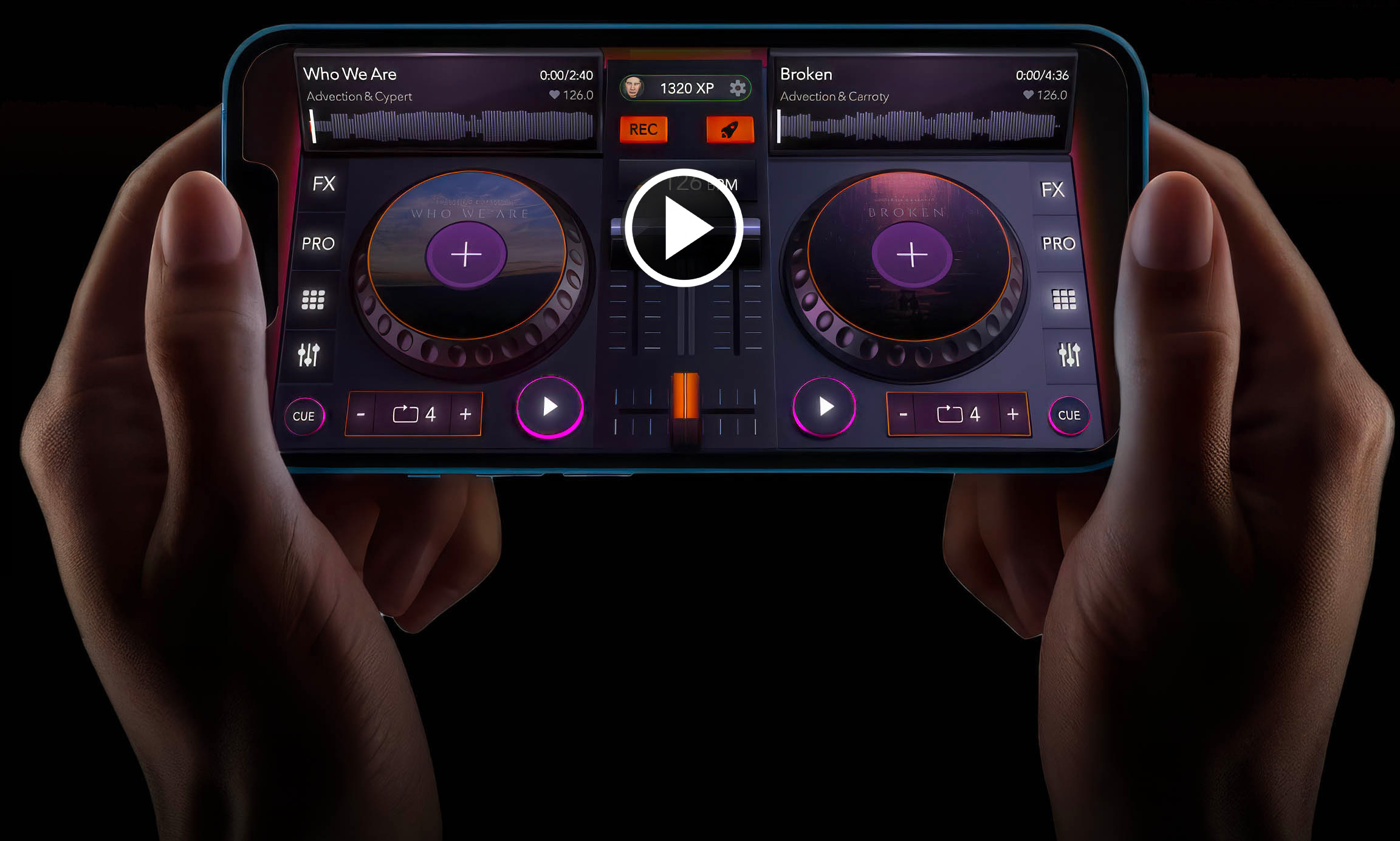 Hand holding phone with YouDJ application
