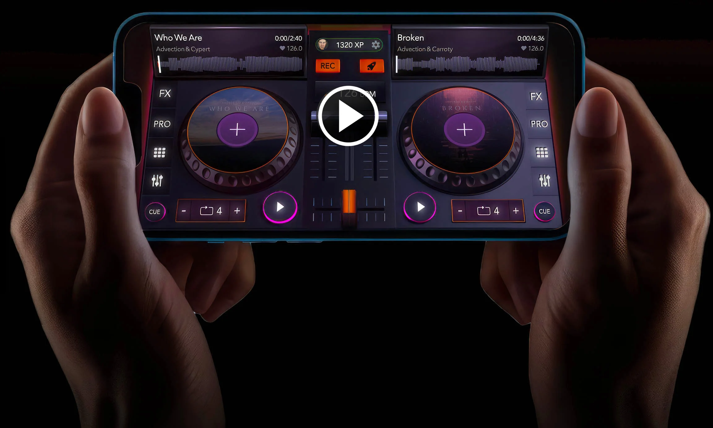 Hand holding phone with YouDJ application